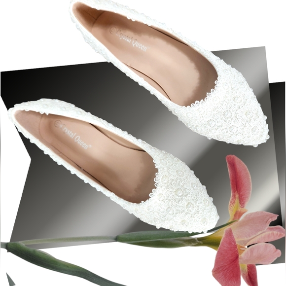 Crystal Queen Shoes - White lace beaded bridal ballet flats